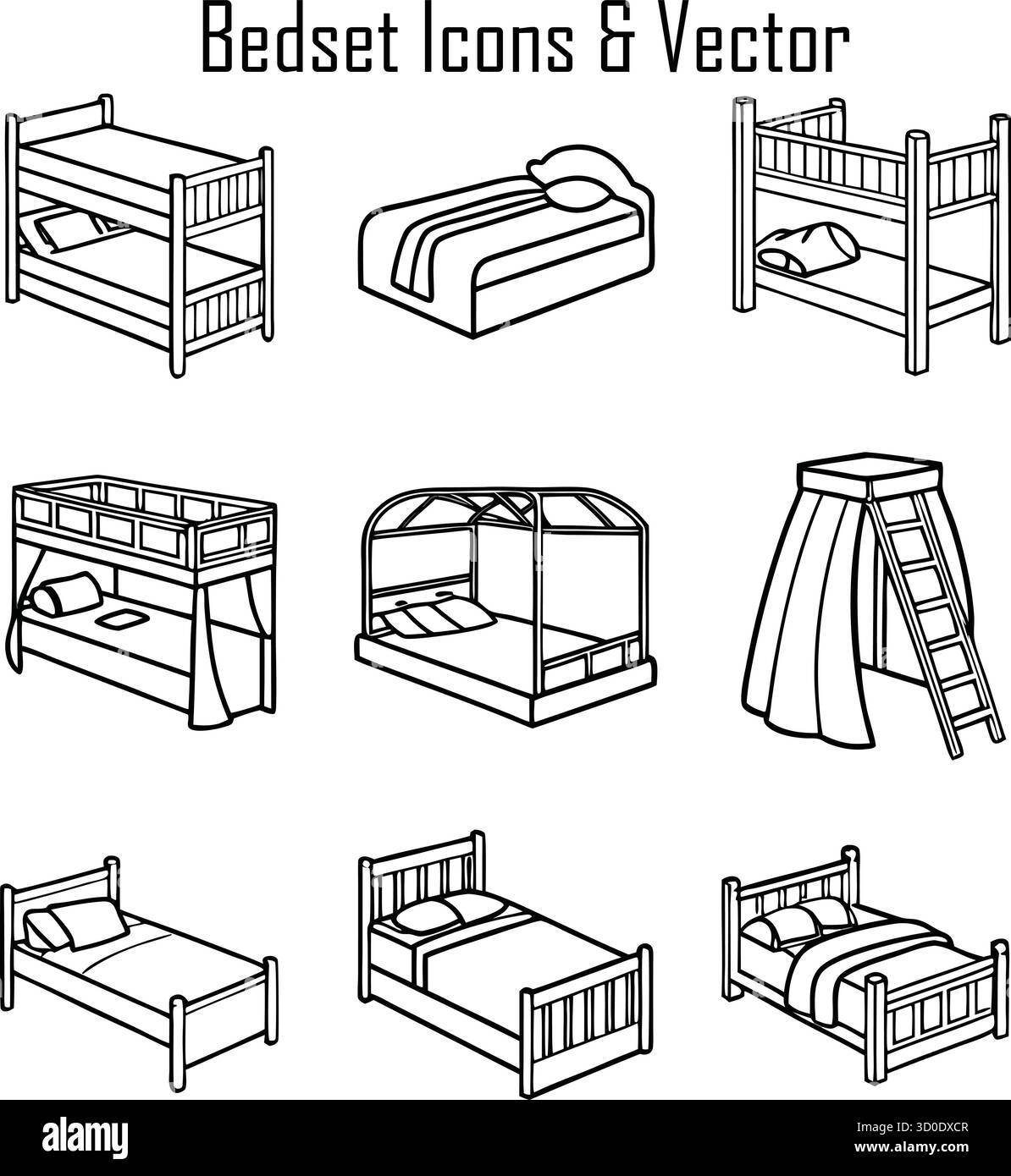 Letto di lusso per la camera da letto: Comodi letti, lenzuola, piumone, cuscini e intimi accessori per il sonno Illustrazione Vettoriale