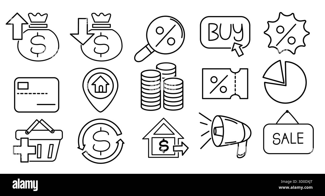 Icona di vendita commerciale e finanziaria Set vettoriale con elementi di marketing, shopping e sconti Illustrazione Vettoriale