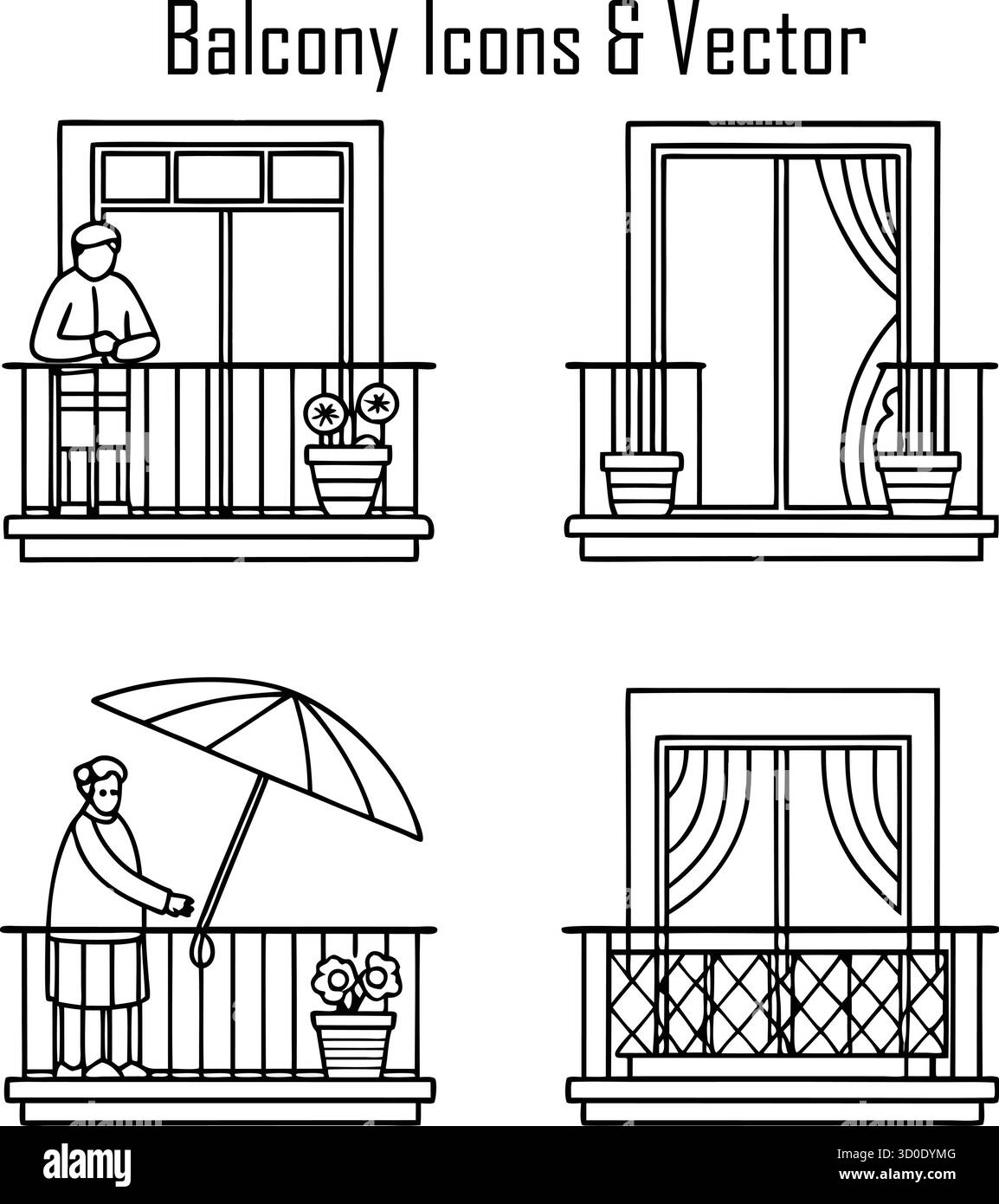 Moderno balcone con vista panoramica: Spazio all'aperto, relax e arredamento Illustrazione Vettoriale