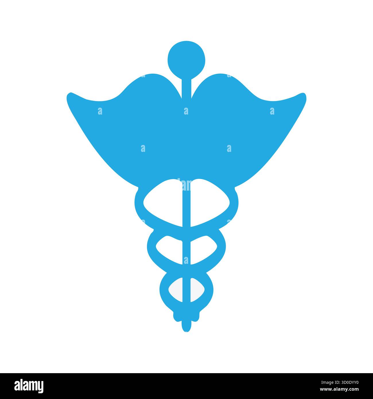 Simbolo Blue Caduceus con personale, ali e serpenti intrecciati per la medicina o il commercio. Illustrazione Vettoriale