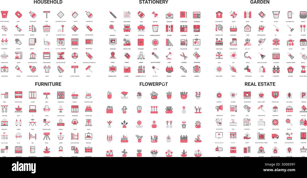 Il set di icone minimaliste copre la casa, la cancelleria, il giardino, l'arredamento, la fioreria, e temi immobiliari perfetti per il web, l'app o la stampa isolati su sfondo bianco, illustrazione vettoriale Illustrazione Vettoriale
