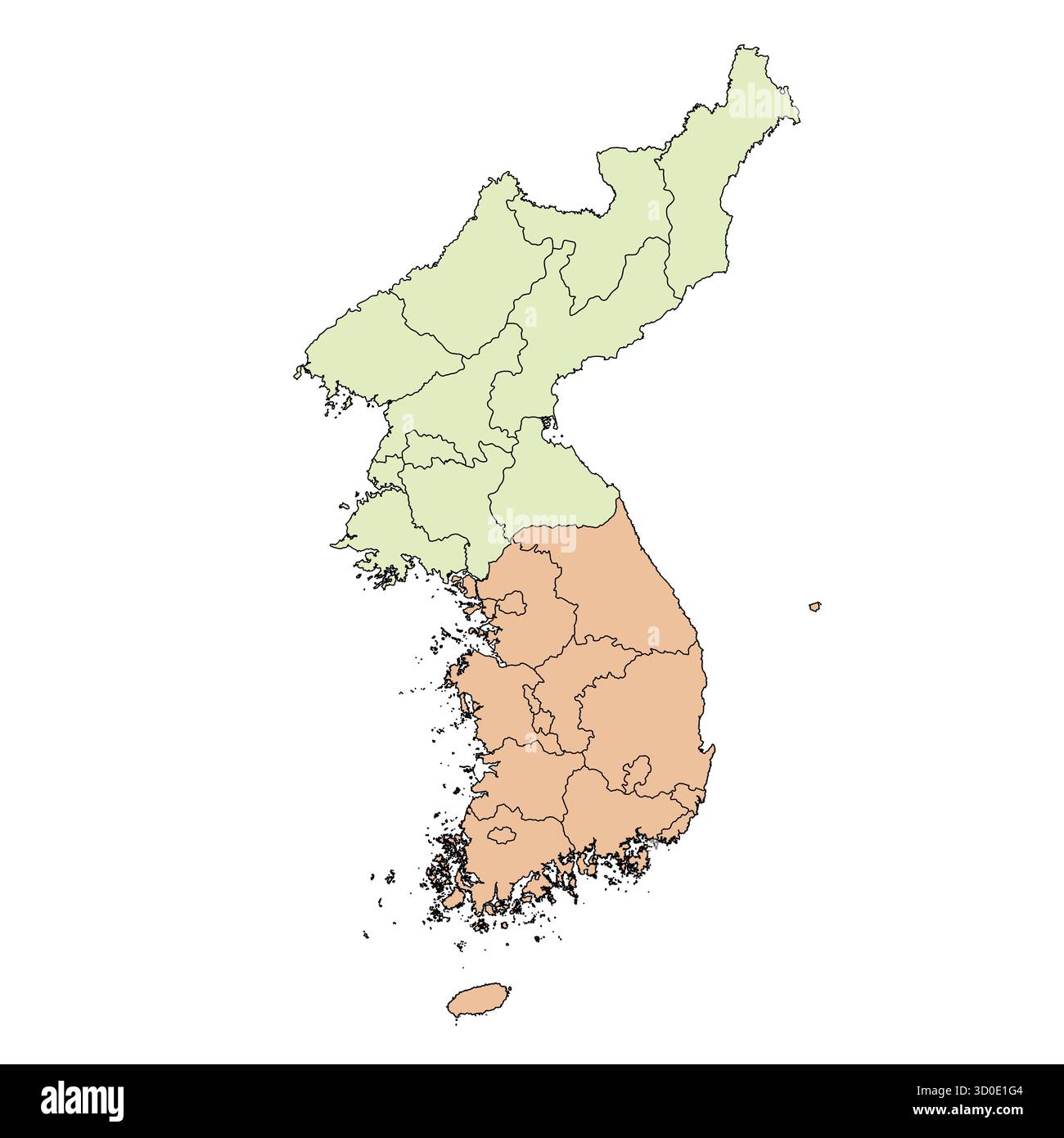 Sagoma vettoriale modificabile sia della Corea del Nord che del Sud, ognuna delle quali mostra le proprie divisioni amministrative. Illustrazione Vettoriale