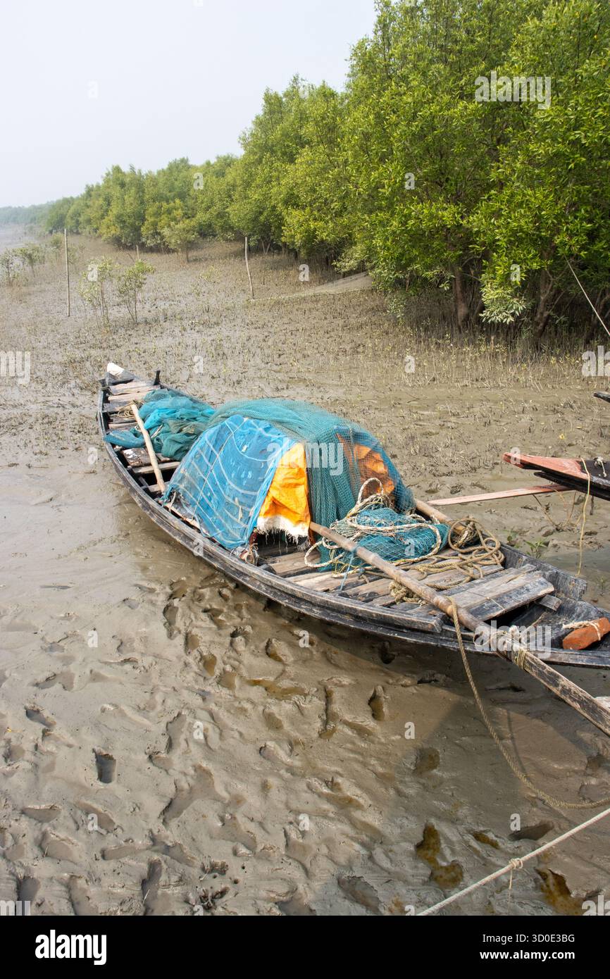 SUNDARBANS, KOLKATA, BENGALA OCCIDENTALE, INDIA - 16 FEBBRAIO 2024 tipiche barche da pesca locali nel fango con la bassa marea Foto Stock