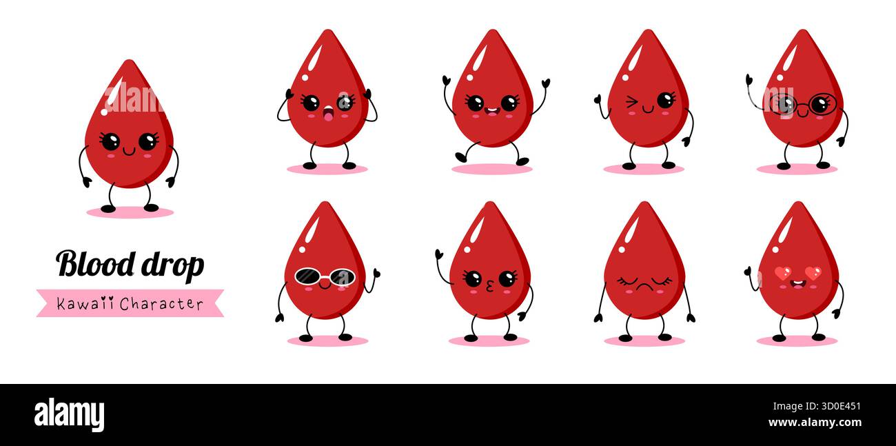 Adorabili personaggi a goccia di sangue rosso con emozioni e pose diverse. Stile vettoriale kawaii per campagne sanitarie, poster medici, adesivi e bambini Illustrazione Vettoriale