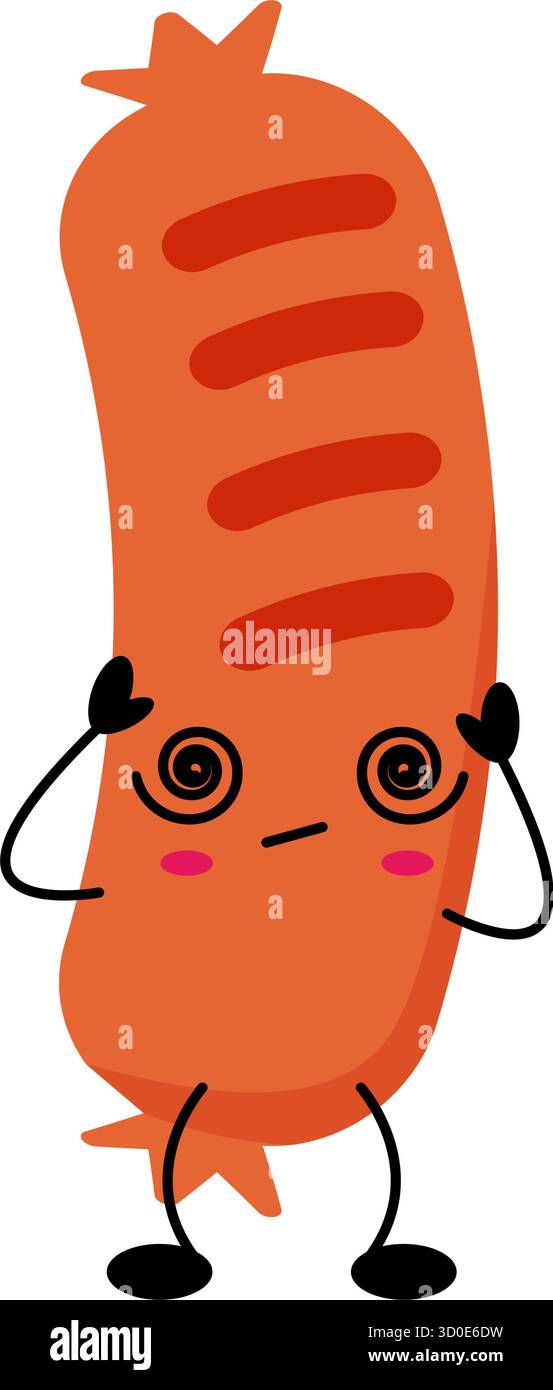 Il personaggio Kawaii Sausage presenta un'espressione allegra con occhi a spirale e braccia compatte, disegnati in uno stile giocoso, perfetto per le illustrazioni dei bambini Illustrazione Vettoriale