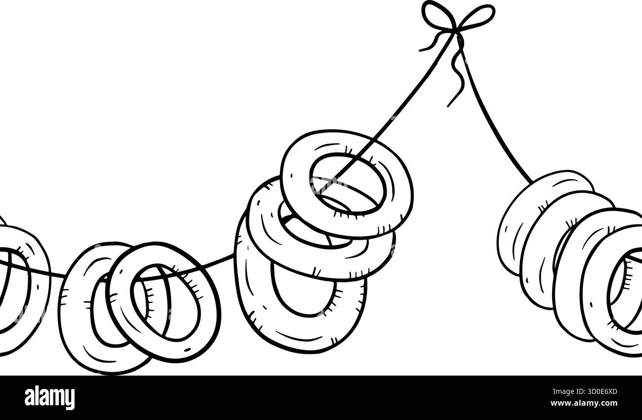 Disegno a linee a inchiostro disegnato a mano bordo senza cuciture con bagel appesi sul filo, stile minimalista da forno rustico, perfetto per confezionamento di alimenti, tessuti da cucina, prodotti agricoli Illustrazione Vettoriale