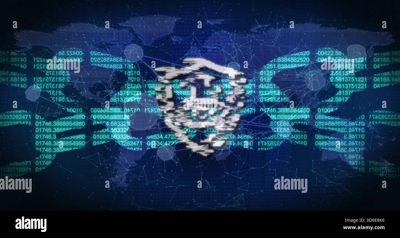 Visualizzazione dell'icona del banco bianco che si sovrappone alla mappa del mondo sulla rete, con flussi e nodi verdi Foto Stock