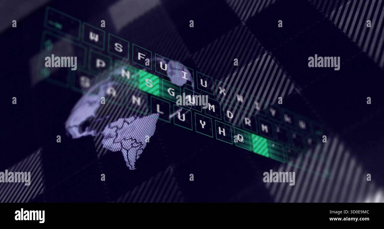 Visualizzazione del frammento olografico della mappa del mondo sul cruscotto, con griglia delle lettere evidenziata verde neon Foto Stock