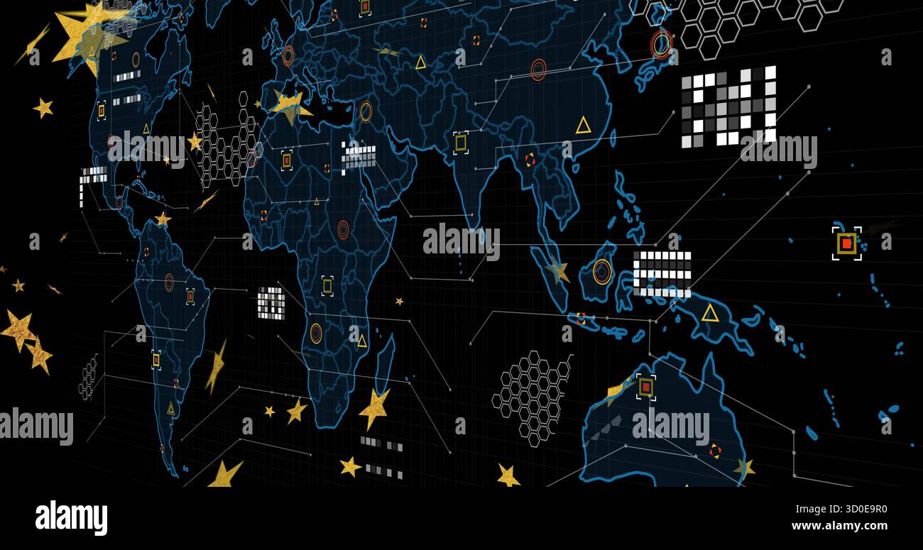 Visualizzazione di un contorno luminoso della mappa mondiale su una griglia scura, con varie icone di dati e linee simili a circuiti Foto Stock
