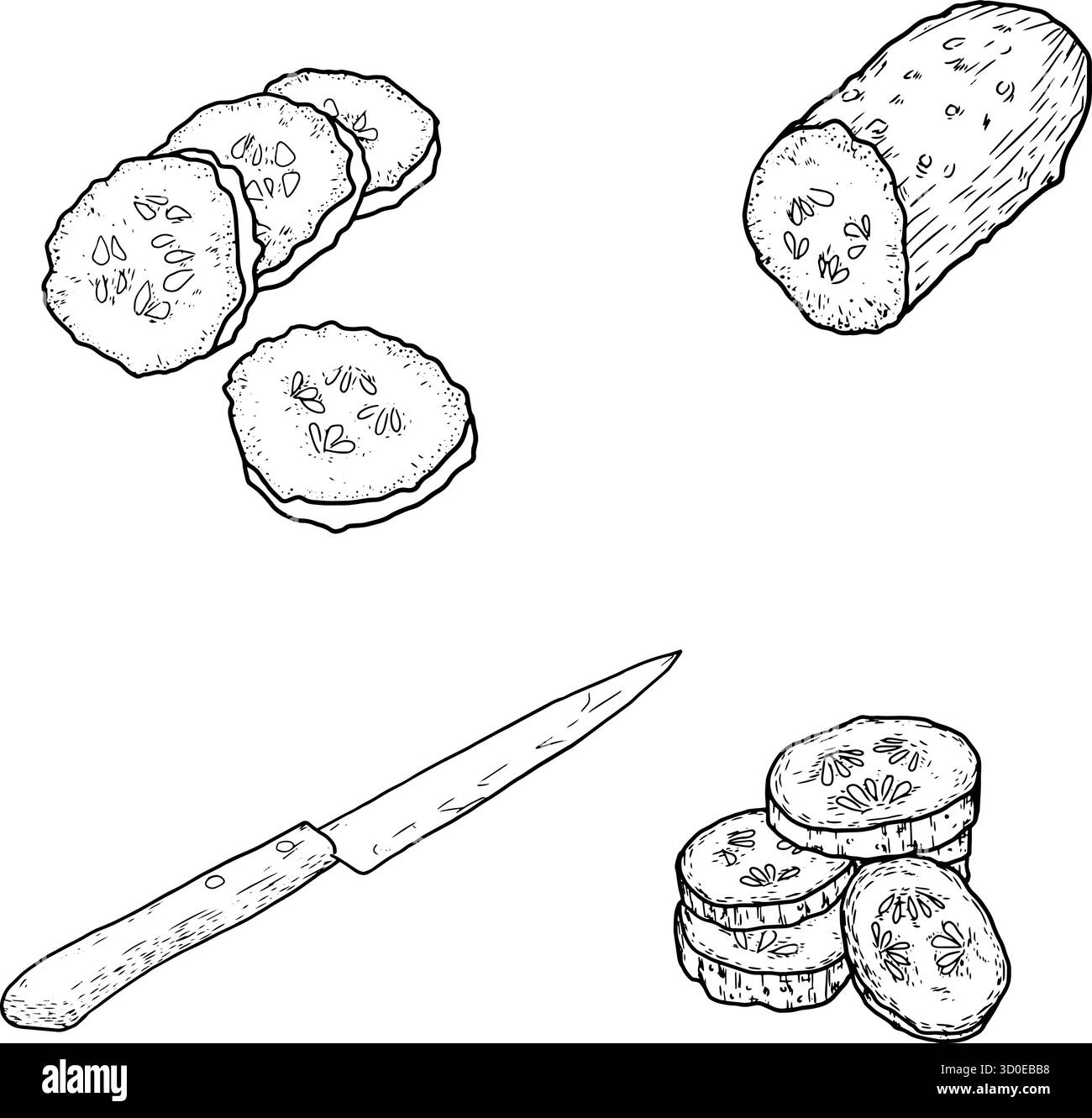 Cetrioli a fette e un coltello da cucina disegnato a mano. Illustrazione vettoriale. Verdure rustiche fresche, il set è isolato su uno sfondo bianco. Il Illustrazione Vettoriale