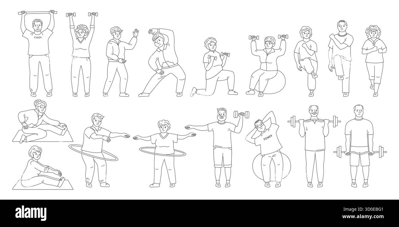 Le persone anziane giocano a doodle set. Personaggi anziani uomini anziani, donne, senor senoras hobby. Adulti anziani che corrono, esercizi di fitness, ginnastica in palestra, lezione di cardio yoga stretching vettore di jogging Illustrazione Vettoriale