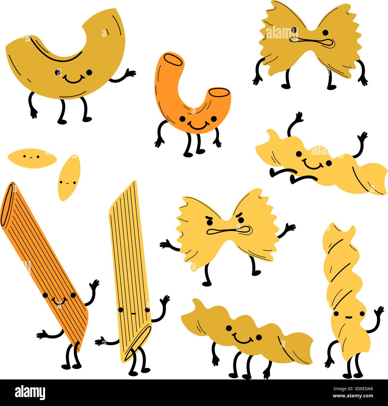 Vari tipi di tagliatelle, personaggi carini. Collezione di diversi cartoni animati di pasta divertente. Farfalle, penne, spaghetti, maccheroni, orzo e fusilli. Illustrazione Vettoriale