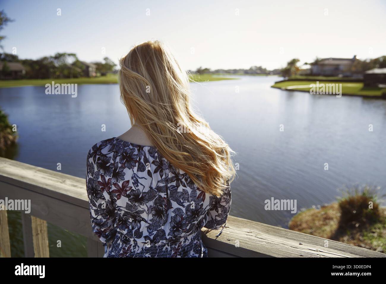 Donna in stile retrò che si erge sul ponte di legno e guarda al lago Foto Stock