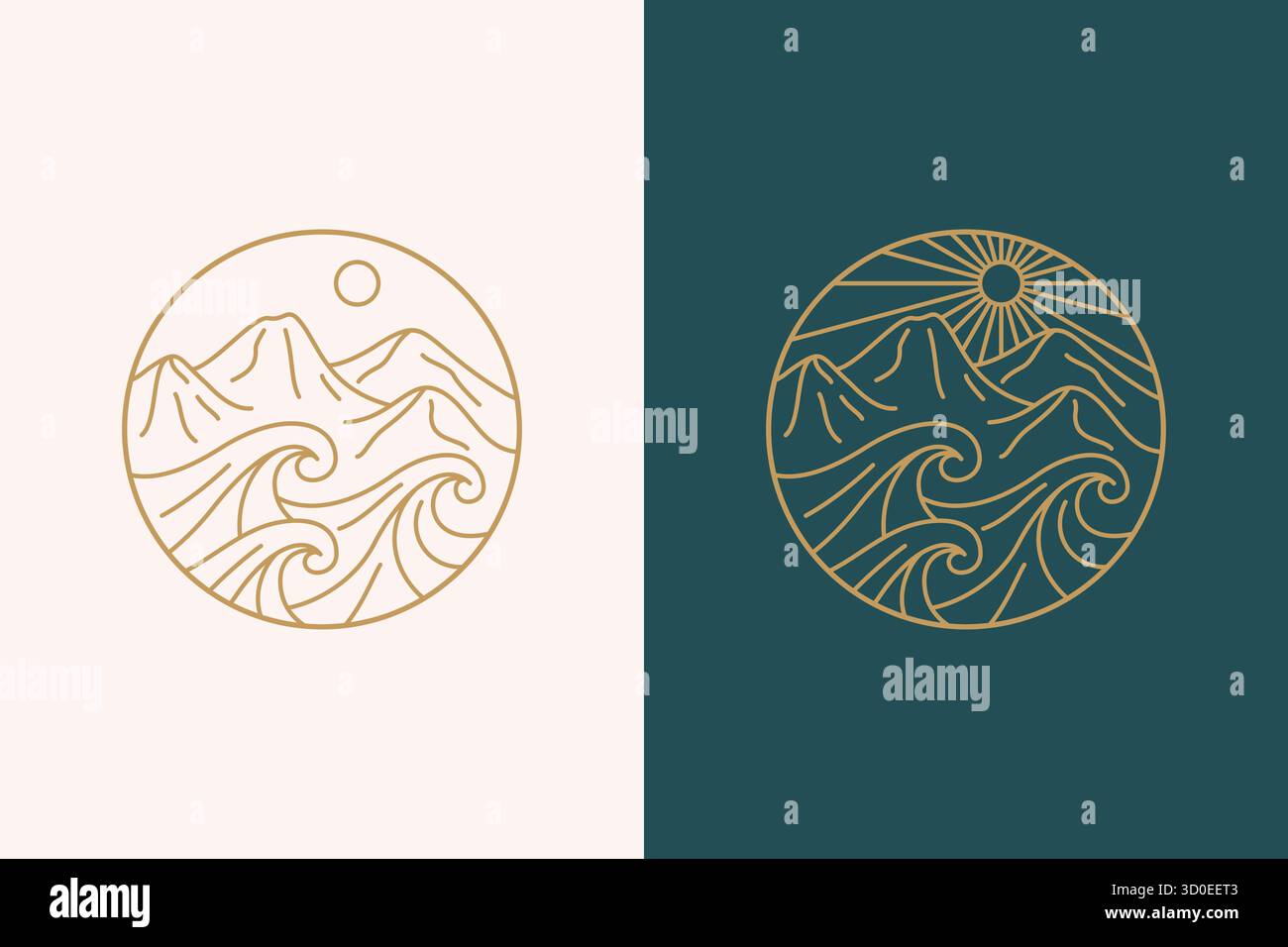 Logo Mountain Wave Sun Abstract con stile Art lineare Illustrazione Vettoriale