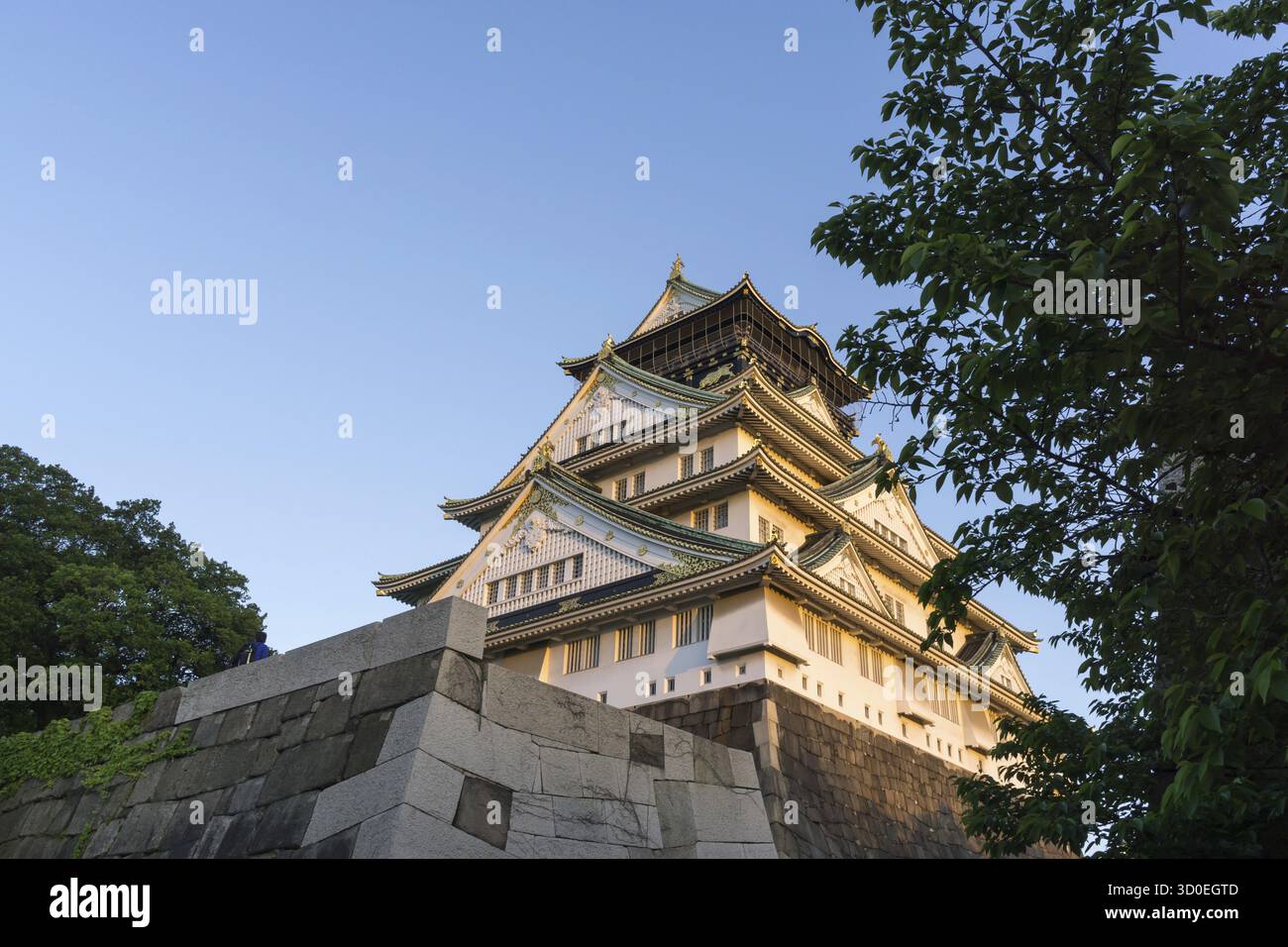 Il castello di Osaka, uno dei monumenti più famosi del giappone, visto nel tardo pomeriggio durante l'orario del tramonto. Preso a Osaka, Giappone Foto Stock
