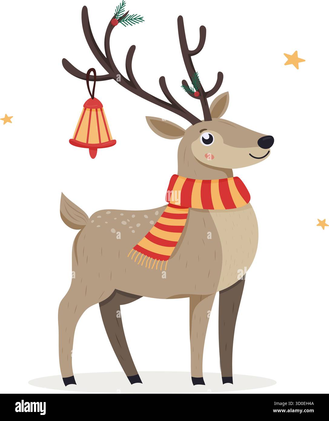 Renna con sciarpa a righe rosse e campana sui palchi. Festività e festeggiamenti invernali Illustrazione Vettoriale