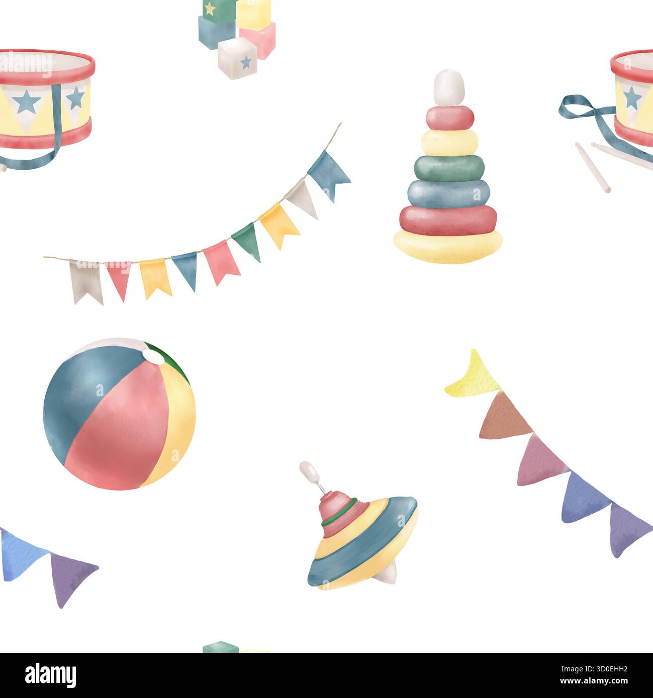 Giocattoli per bambini e ghirlanda con bandiere, motivo senza cuciture. Illustrazione acquerello. Tamburo giocattolo, palla e piramide, isolati su sfondo bianco. Per il Foto Stock