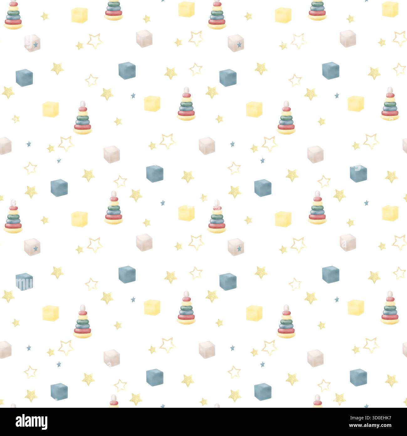 Stelle gialle e piramide per bambini. Illustrazione acquerello. Motivo senza cuciture per tessuti, biglietti e inviti, isolato su sfondo bianco. Foto Stock