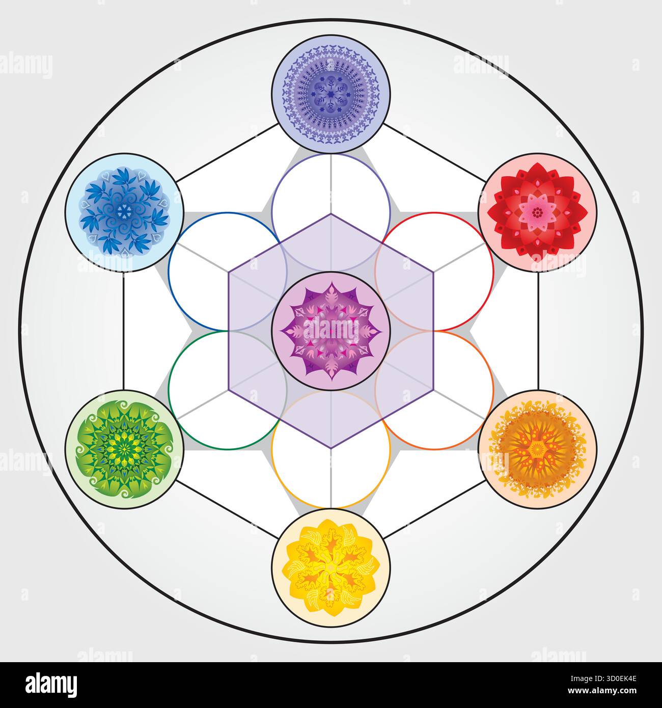 Illustrazione del cubo di Metatron colori arcobaleno simbolo geometria sacra cerchio di design vettoriale Spirituality Universe Mandala colorata Star Illustrazione Vettoriale
