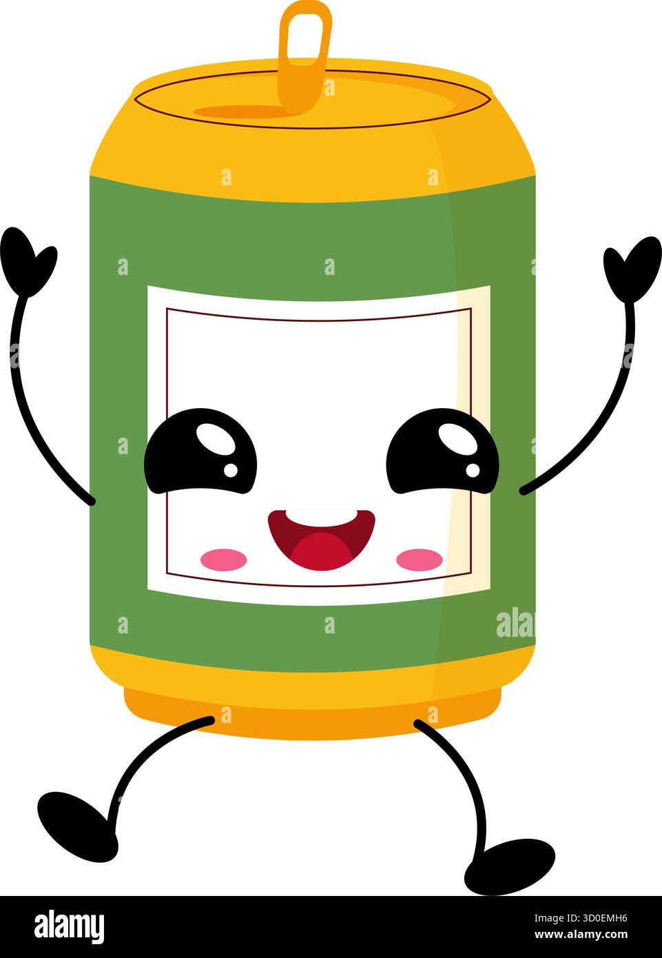 Bibita kawaii verde e giallo con grandi occhi e sorriso felice. Divertente personaggio dei cartoni animati isolato su sfondo bianco per adesivi, confezioni e caffè Illustrazione Vettoriale