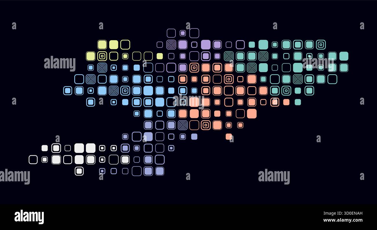 Kirghizistan, forma del paese costruito con celle colorate. Mappa digitale del Kirghizistan su sfondo scuro, con grandi blocchi quadrati arrotondati. Illustrazione Vettoriale