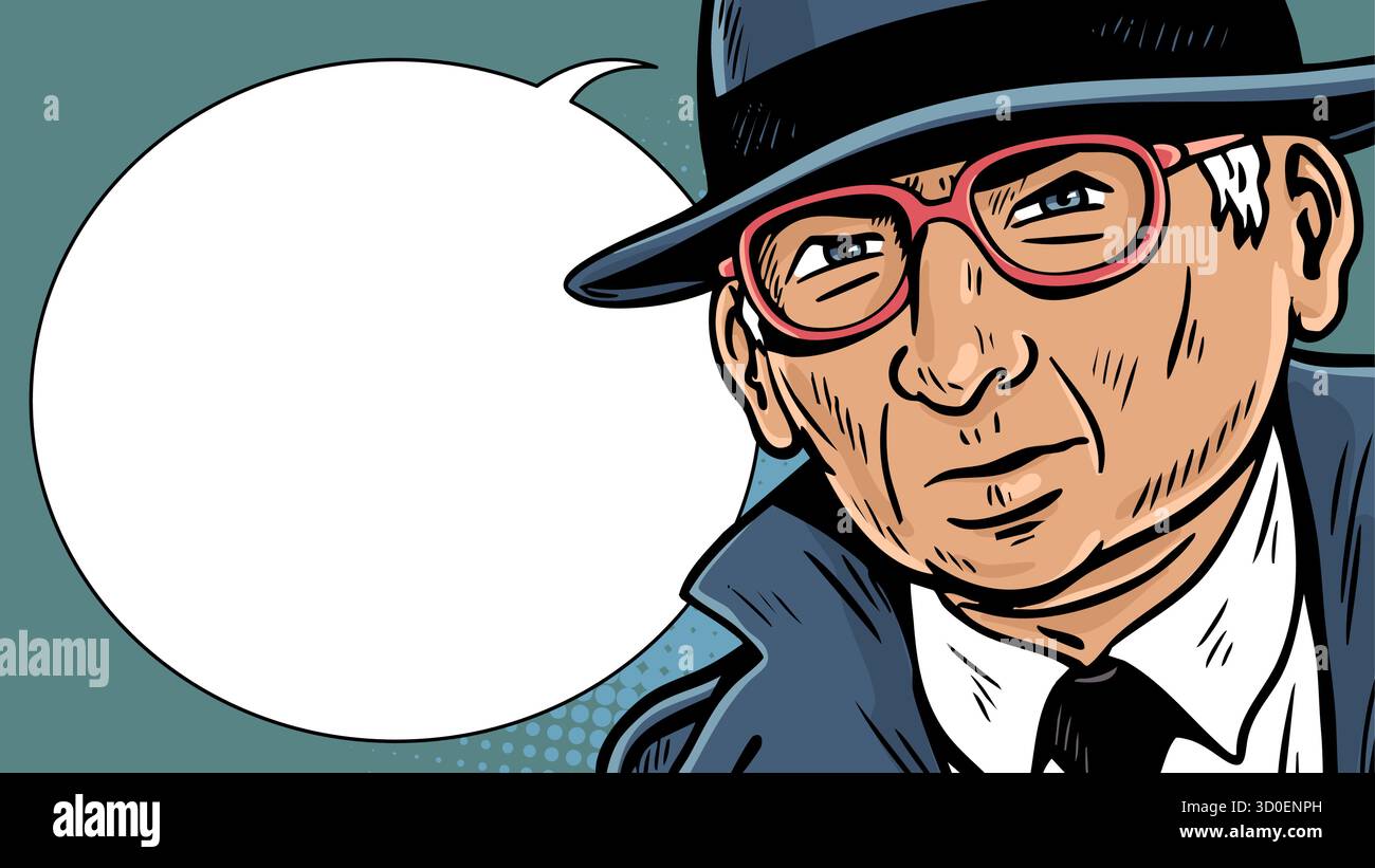 Illustrazione vettoriale di un detective anziano con cappello retrò e occhiali con una bolla di discorso sulla sinistra. Striscione disegnato a mano per pop art adatto per poster e. Illustrazione Vettoriale