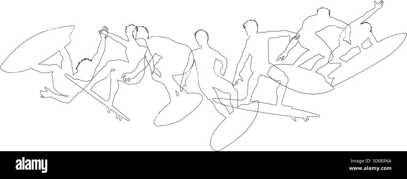 Surfers Surf on Surf Boards Concept silhouette Illustrazione Vettoriale