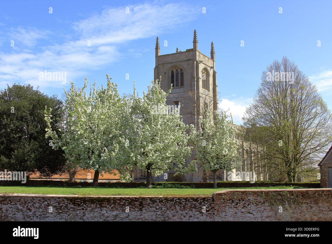 Storica chiesa in pietra circondata da alberi in fiore nella campagna primaverile. Foto Stock