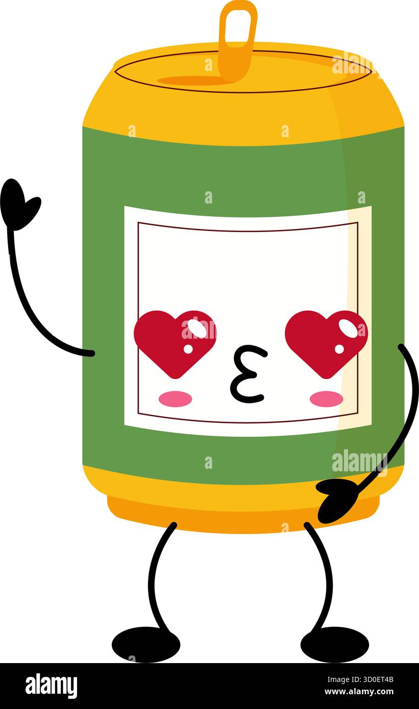 Divertente bibita in stile kawaii con occhi cardiaci e volto sorridente. Adorabile personaggio dei fumetti su sfondo bianco, perfetto per adesivi e bambini Illustrazione Vettoriale