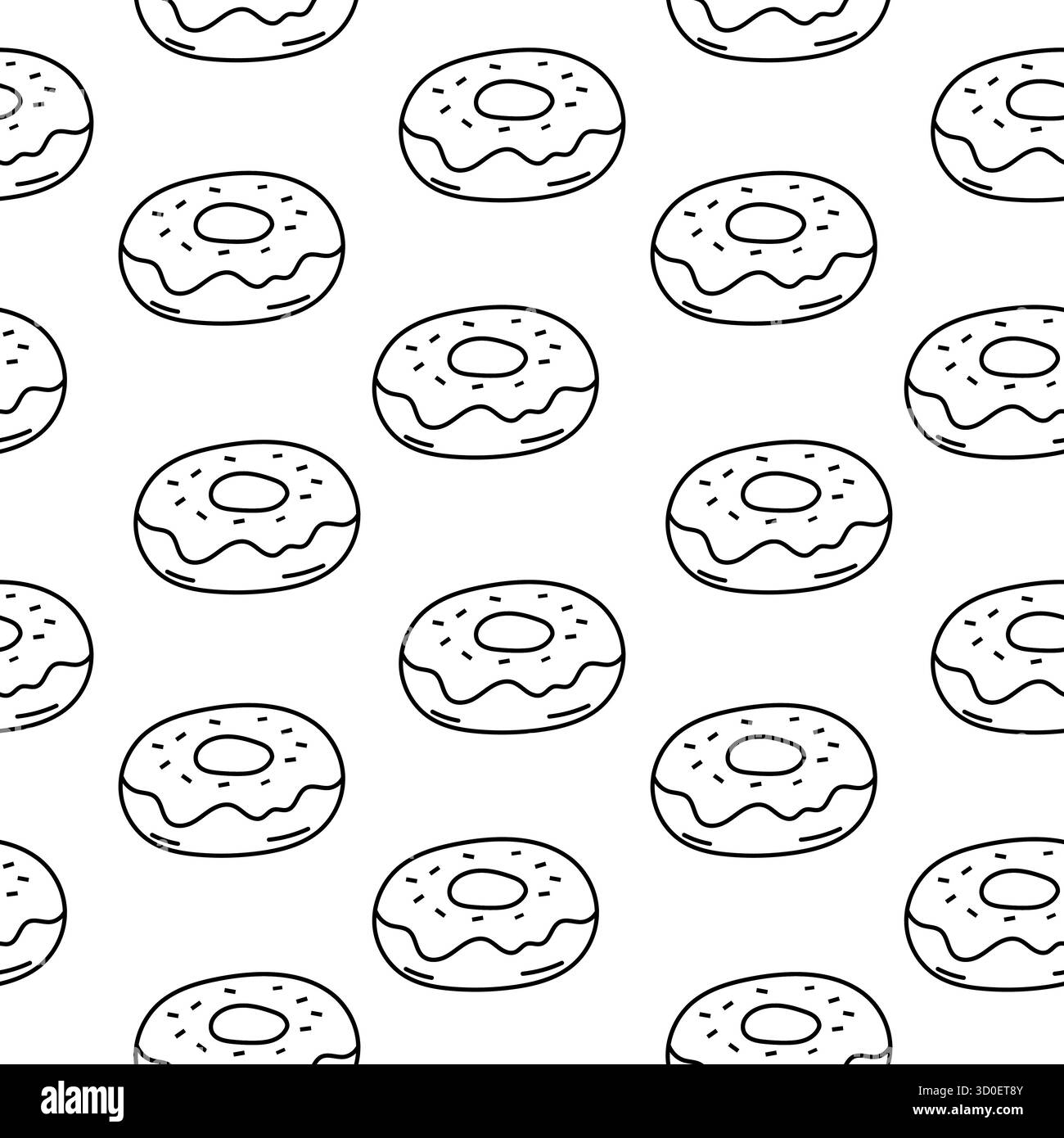 Motivo vettoriale senza cuciture con ciambelle in stile doodle. Semplice illustrazione in bianco e nero, perfetta per colorare libri, sfondi, imballaggi e. Illustrazione Vettoriale