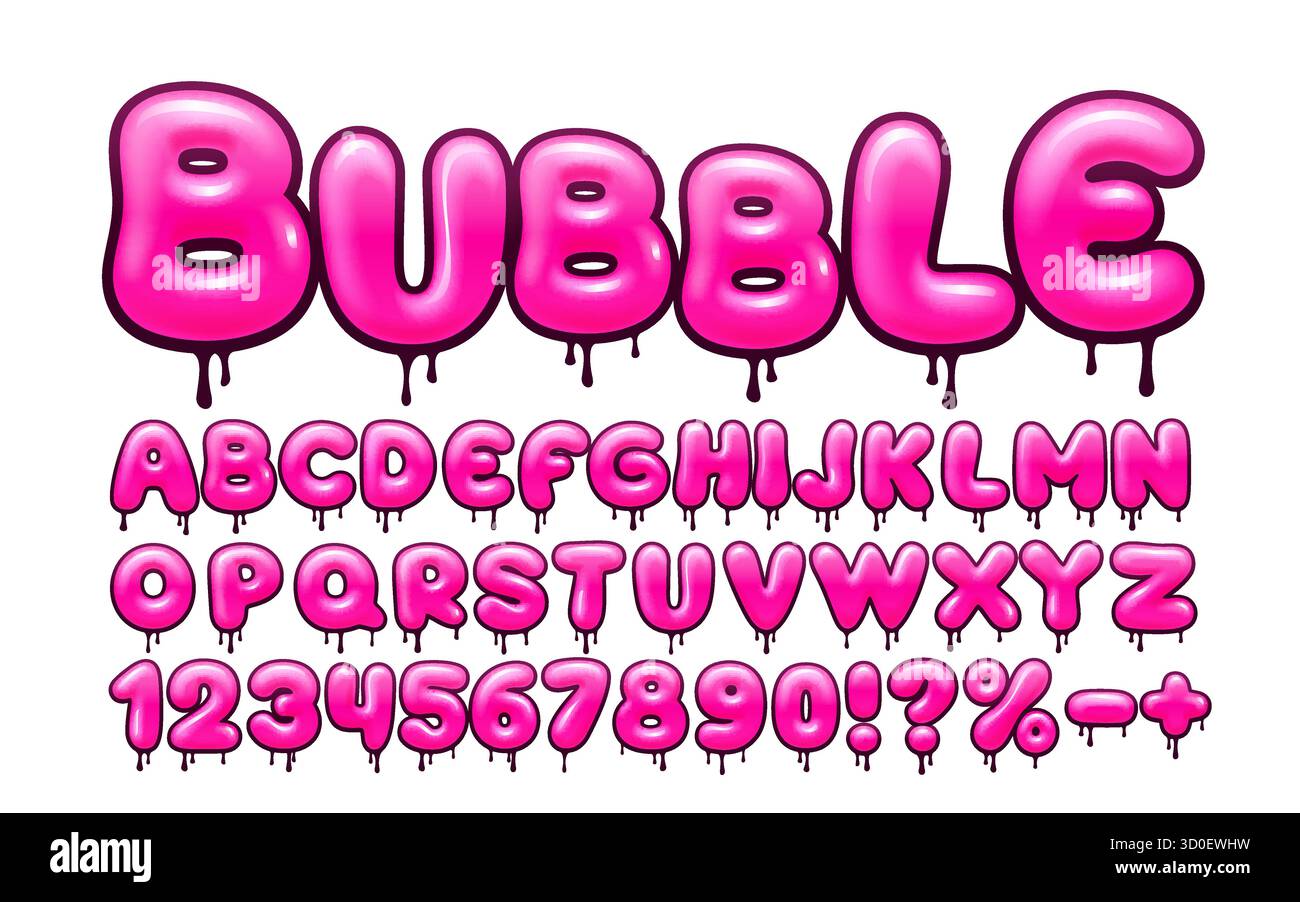 Carattere Sweet Pink Bubble con effetto gocciolante. Un alfabeto divertente e lucido per un design divertente. Illustrazione vettoriale Illustrazione Vettoriale