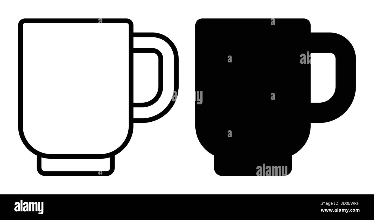 Set di icone delle tazze da caffè in bianco e nero progettate in uno stile minimalista. Perfetto per progetti di progettazione grafica, branding e modelli di prodotto. Illustrazione Vettoriale