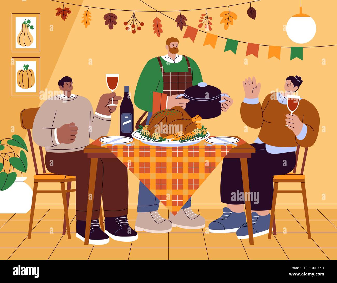 Composizione della cena del giorno del Ringraziamento con ospiti e tacchino serviti su un tavolo festivo in stile piatto disegnato a mano Illustrazione Vettoriale