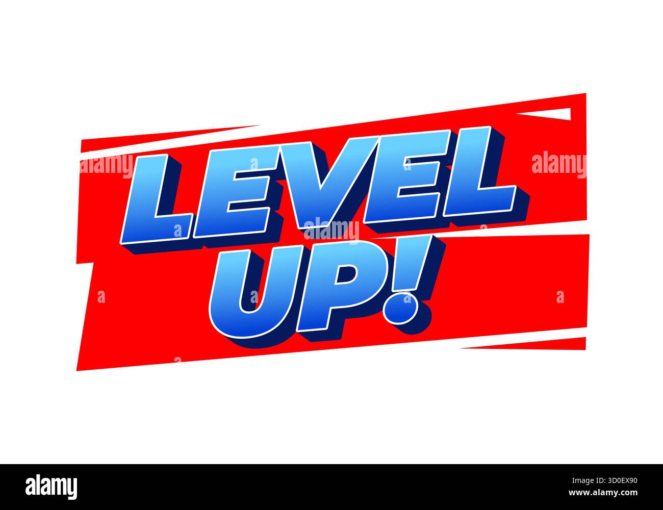 Grafica brillante con testo di LIVELLO SUPERIORE! in grassetto, lettere blu su sfondo rosso. Il design trasmette eccitazione e motivazione, adatto a g Illustrazione Vettoriale