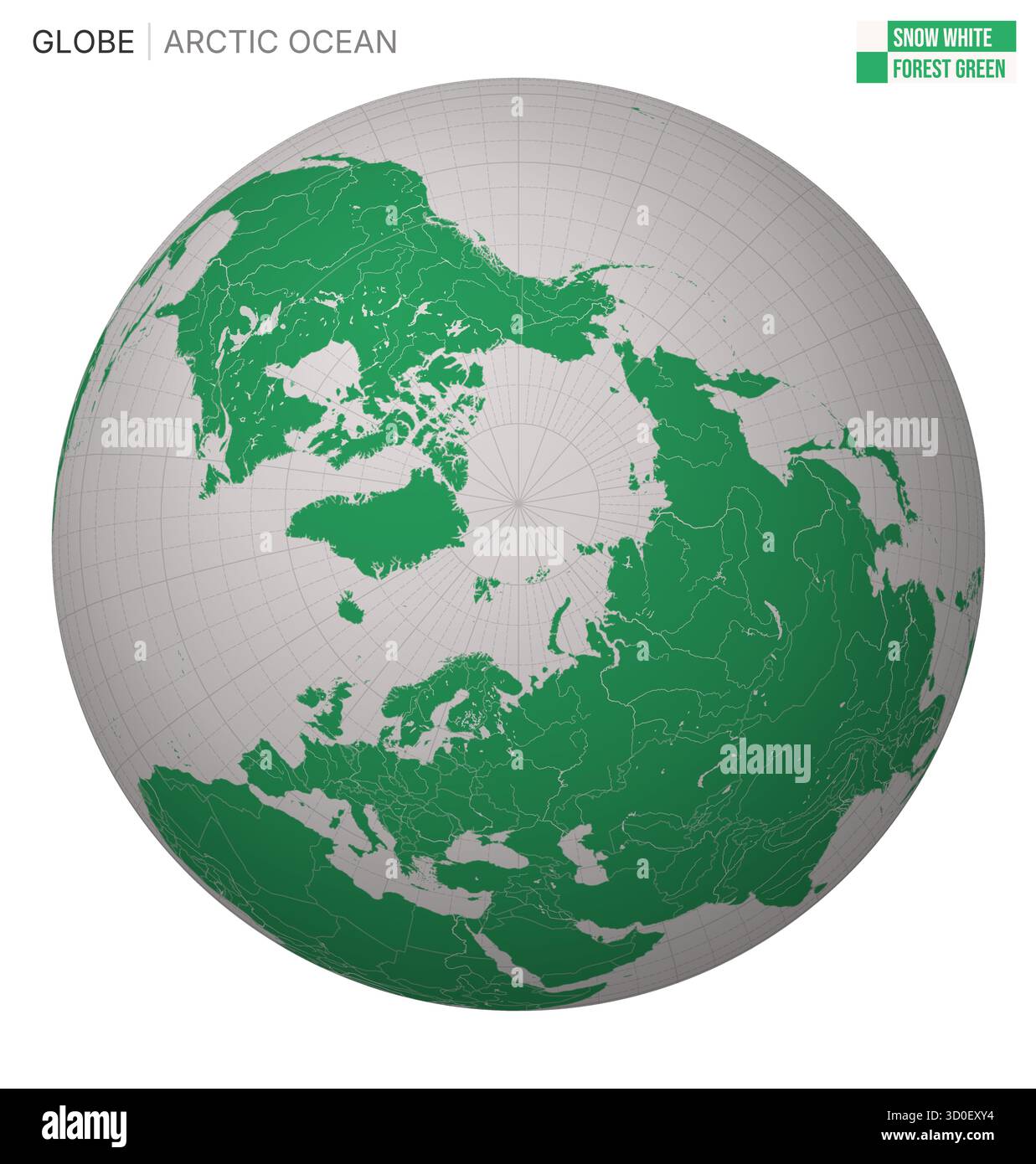 Vector Globe incentrato sull'Oceano Artico. Tavolozza Biancaneve Forest Green. Mappa del mondo con meridiani, paralleli, paesi, fiumi e laghi. Illustrazione Vettoriale