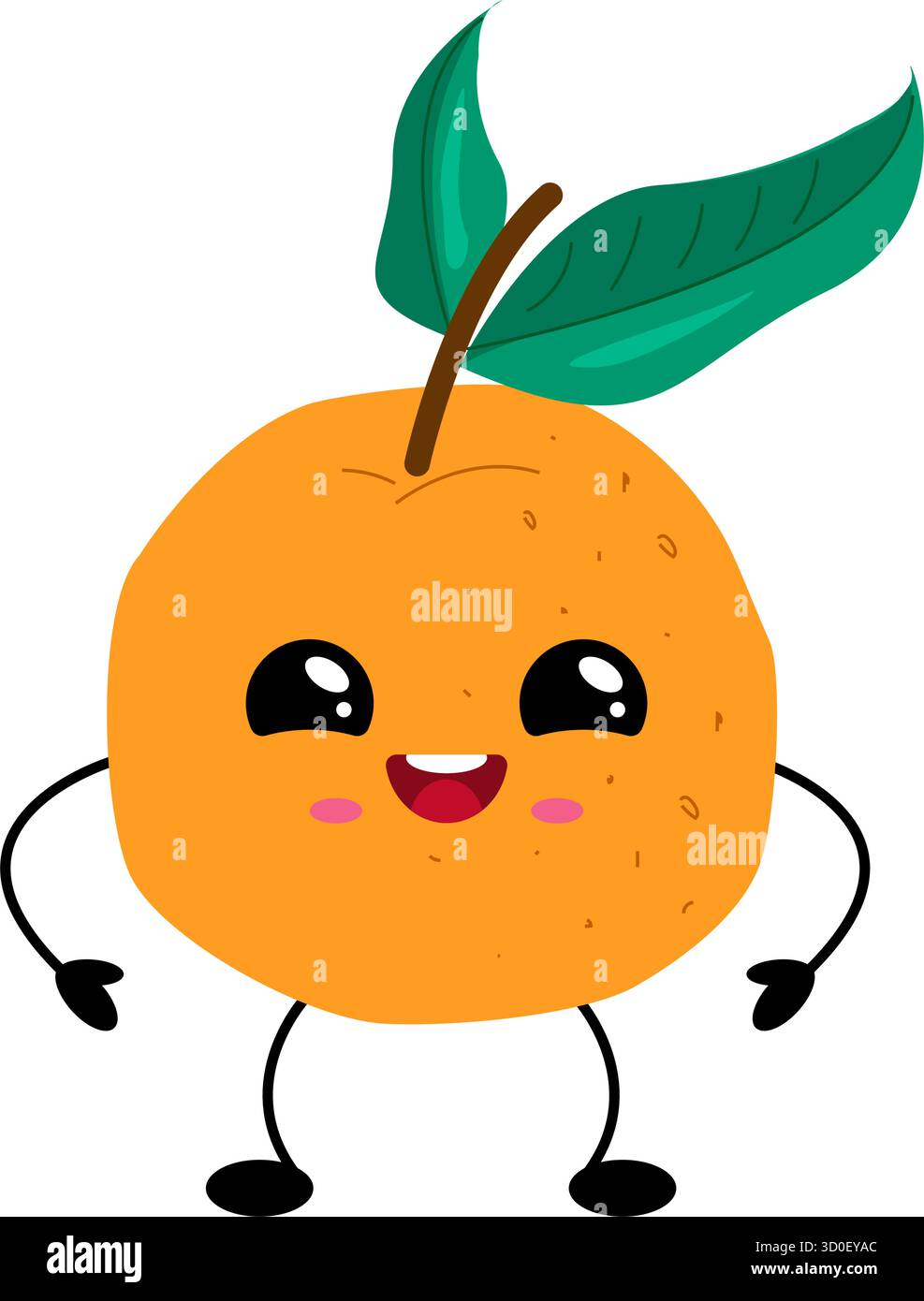 Frutta di arancia stile Kawaii con un'espressione carina e braccia, isolata sul bianco. Illustrazione Vettoriale