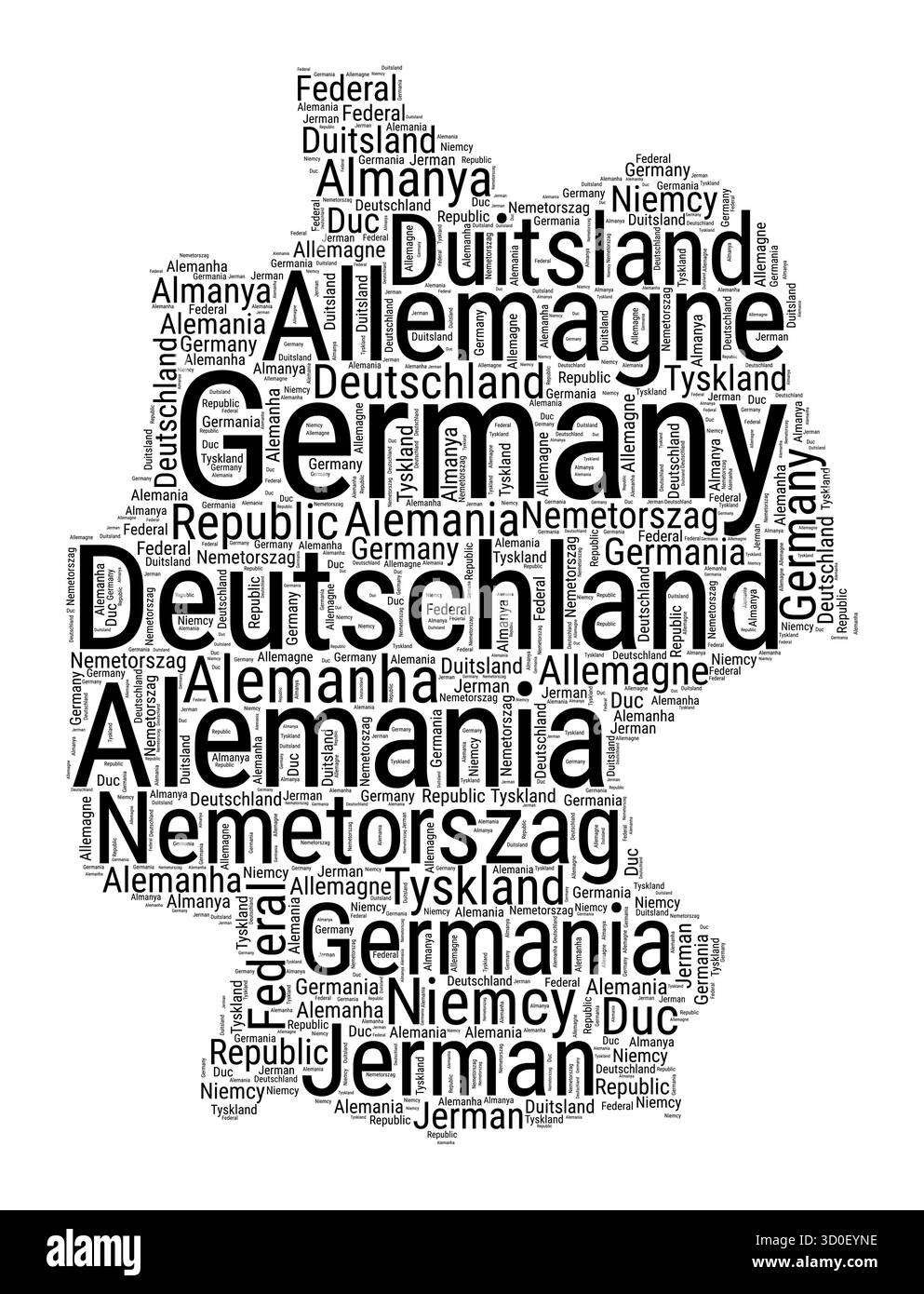 Nuvola di parole in bianco e nero in forma tedesca. Semplice illustrazione del paese in stile tipografico. Nuvola di testo nera in Germania su sfondo bianco. Illustrazione Vettoriale