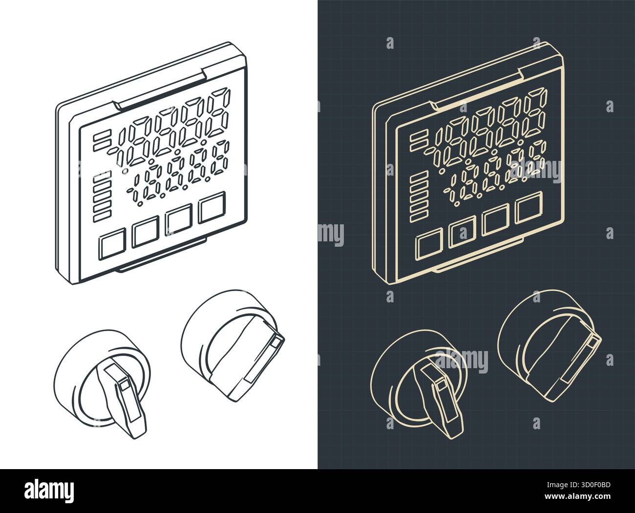 Switch industriali e disegni isometrici con display digitale illustrazioni vettoriali stilizzate Illustrazione Vettoriale