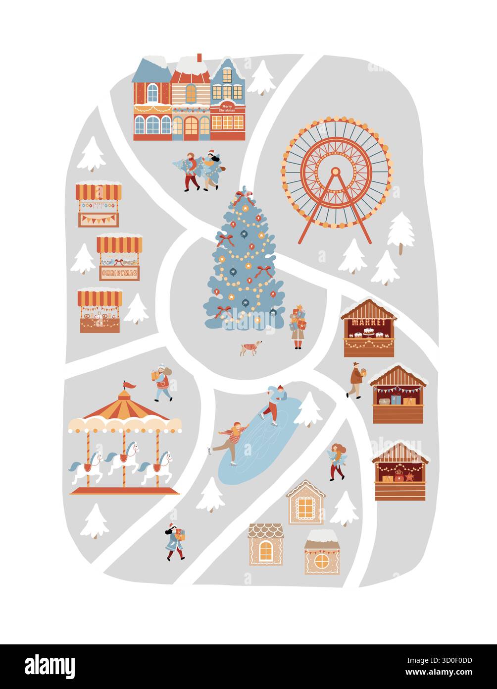 Biglietto di Natale, poster, illustrazione. Immagine vettoriale piatta con una mappa del mercato di Natale. Case disegnate a mano, bancarelle di mercatini, alberi di Natale, Illustrazione Vettoriale