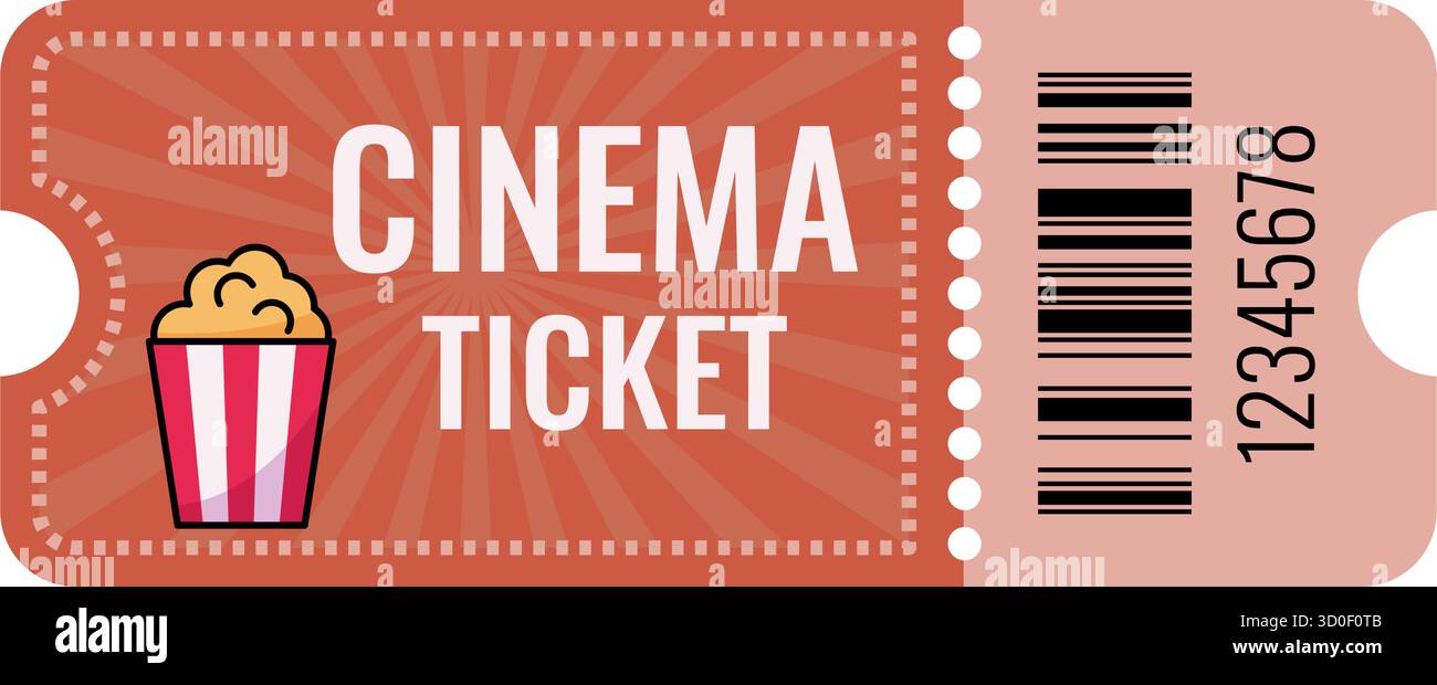 Un biglietto per il cinema con un'icona del popcorn, perfetto per eventi legati al cinema, biglietti e pubblicità cinematografica. Sfondo arancione brillante con un vintage Illustrazione Vettoriale
