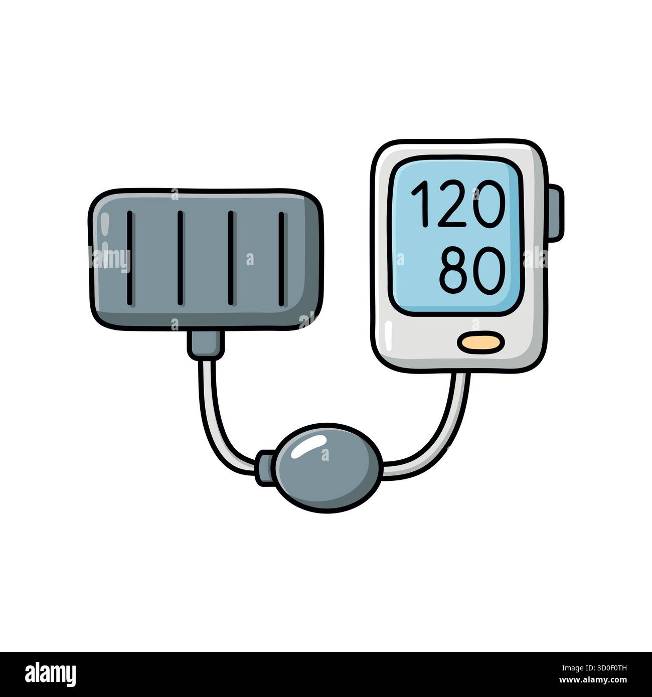 Illustrazione disegnata a mano di un misuratore digitale della pressione sanguigna con display e bracciale. Stile vettoriale piatto minimo, perfetto per l'assistenza sanitaria, l'ospedale, Illustrazione Vettoriale