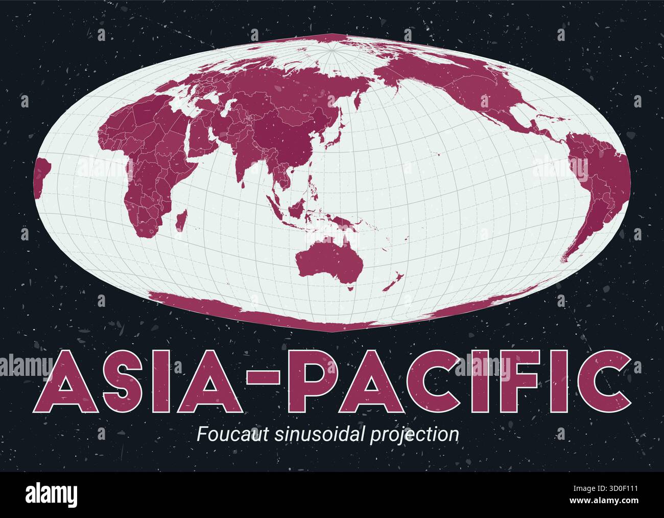 Asia-Pacifico. Mappa del mondo. Proiezione sinusoidale di Foucault incentrata sull'Asia-Pacifico. Menta pallida e rosa scuro. Texture vintage. Illustrazione Vettoriale