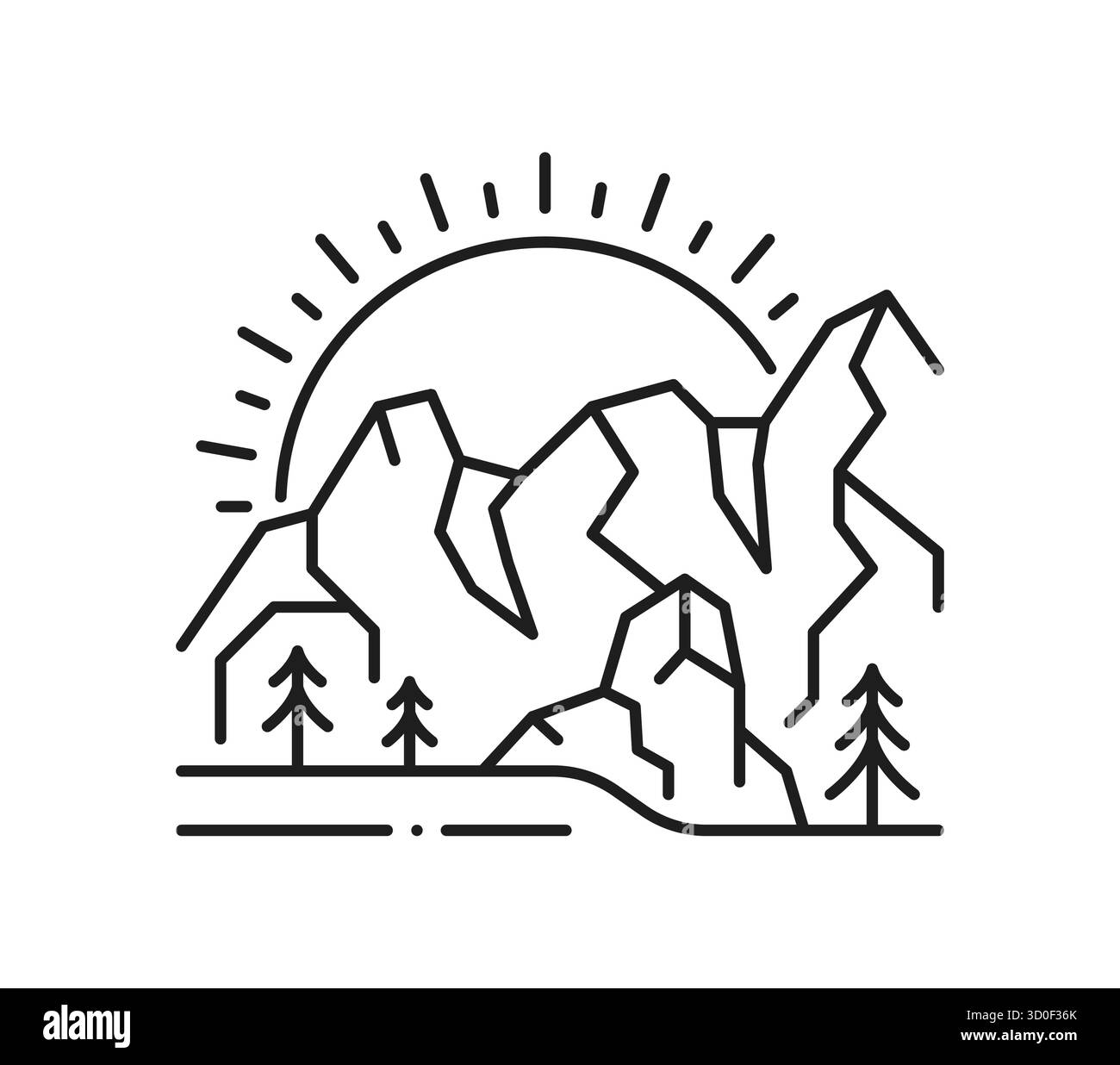 Tramonto alba in montagna icona o emblema della linea del paesaggio. Icona vettoriale lineare o pittogramma della scena di viaggio all'aperto. Segni naturali selvaggi con il sole che tramonta o che sorge sotto la catena montuosa, pini Illustrazione Vettoriale