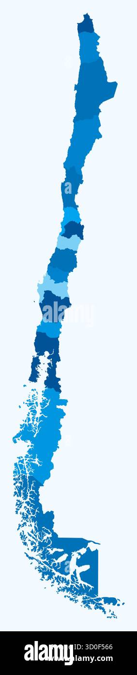 Mappa del Cile con le regioni. Solo una semplice mappa di confine con la divisione della regione. Tavolozza di colori azzurro. Illustrazione Vettoriale