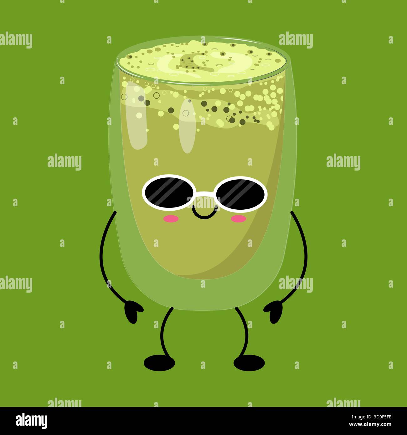 Divertente disegno di dessert kawaii matcha con occhiali da sole, perfetto per progetti divertenti, adesivi, stampe e merchandising. Illustrazione Vettoriale