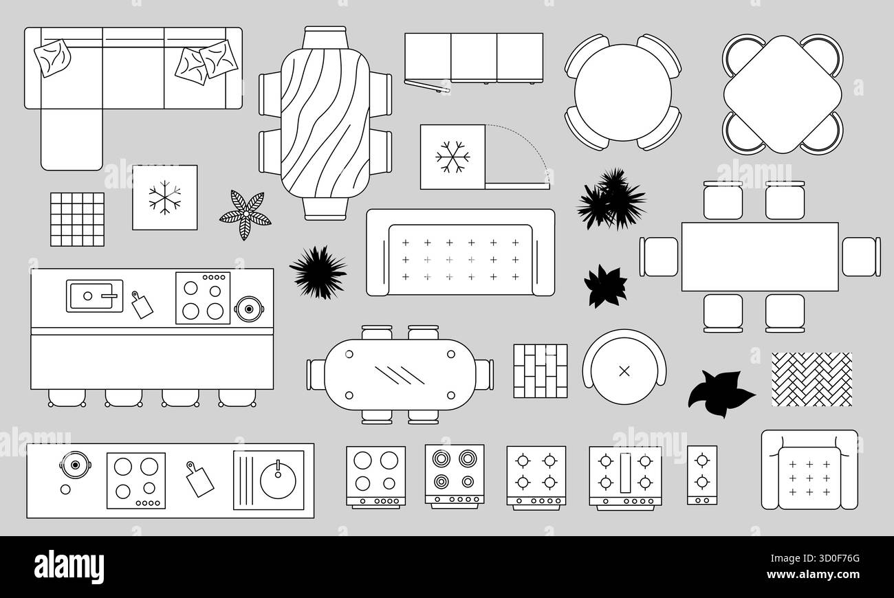 Il set di mobili da cucina presenta diverse disposizioni di tavoli e posti a sedere, sottolineando elementi di design moderni e l'organizzazione spaziale, ideale per Illustrazione Vettoriale Il set di mobili da cucina presenta diverse disposizioni di tavoli e posti a sedere, sottolineando elementi di design moderni e l'organizzazione spaziale, ideale per Illustrazione Vettoriale