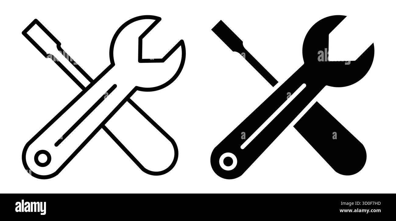 Due icone di strumenti incrociati minimalisti con una chiave e un cacciavite, perfette per rappresentare i temi di riparazione, manutenzione e fai da te in vari ambienti Illustrazione Vettoriale