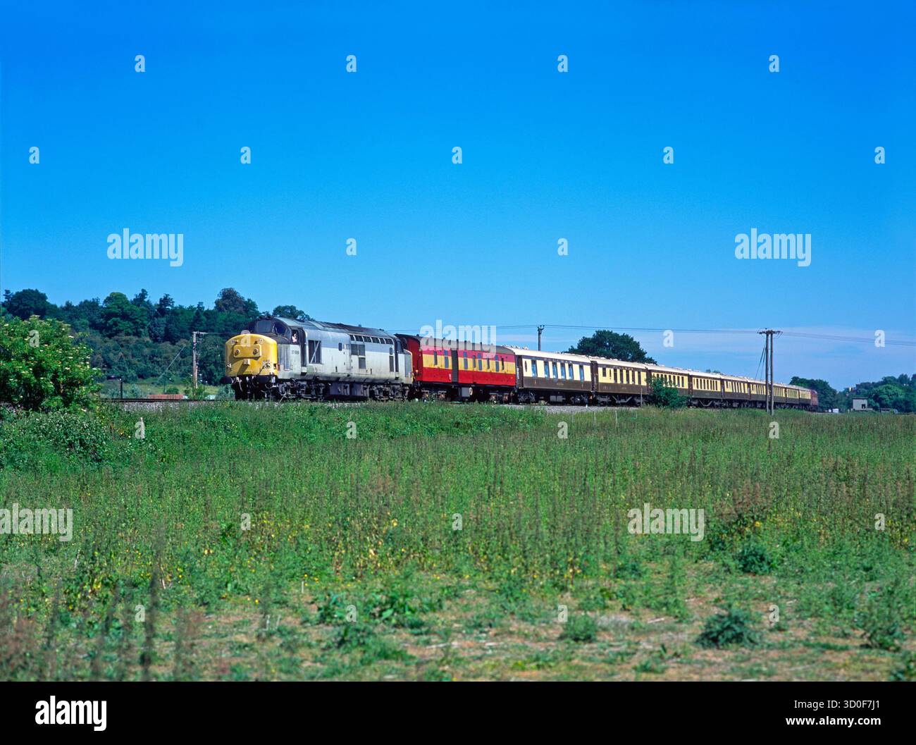 Un paio di locomotive diesel classe 37, n. 37689 e n. 37109, che risalgono a un'escursione Belmond British Pullman, formate dal magazzino Venice Simplon Orient Express a Shalford Junction il 15 giugno 2004. Foto Stock Un paio di locomotive diesel classe 37, n. 37689 e n. 37109, che risalgono a un'escursione Belmond British Pullman, formate dal magazzino Venice Simplon Orient Express a Shalford Junction il 15 giugno 2004. Foto Stock