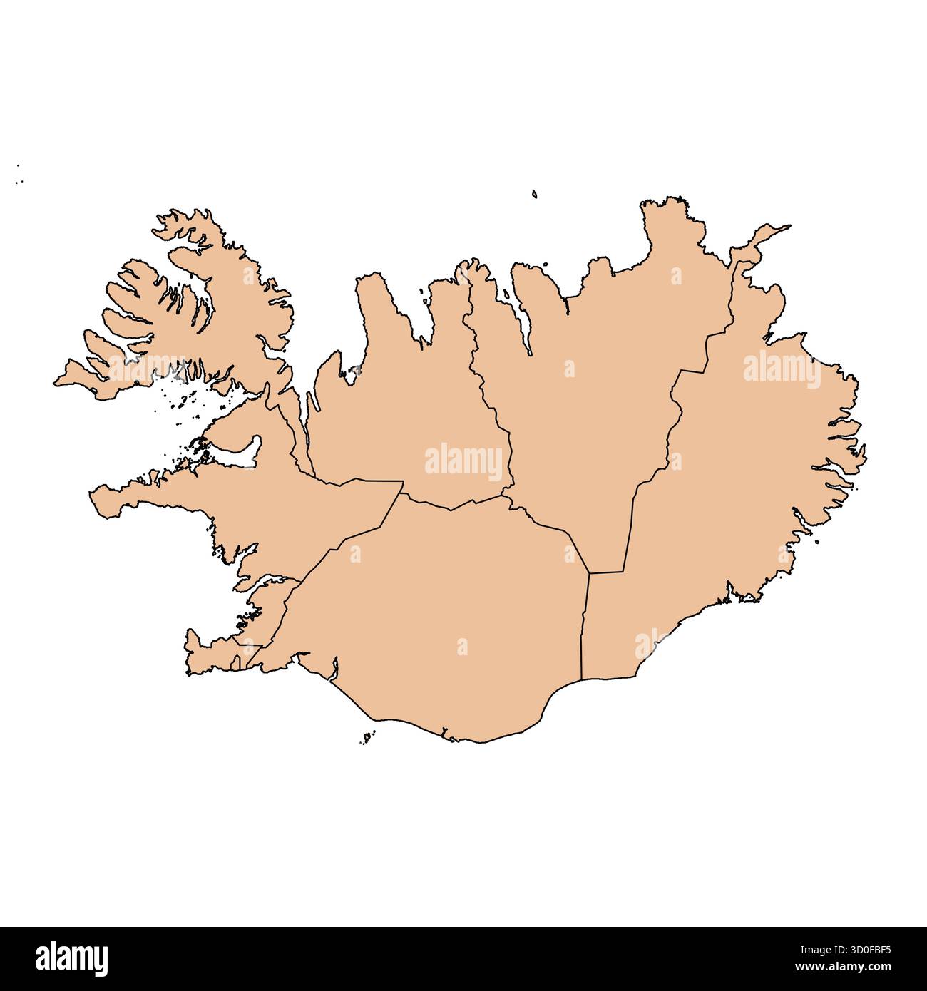 Mappa della sagoma vettoriale modificabile dell'Islanda, divisa nelle sue principali divisioni amministrative. Illustrazione Vettoriale