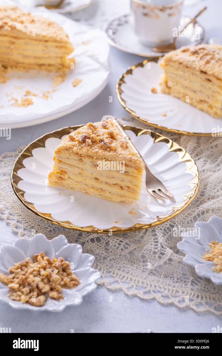 Torta Napoleone - torta sfoglia a strati con crema alla vaniglia (mille-feuille) Foto Stock